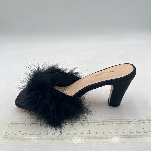 XYD Black Block Heel Mules Faux-fur Open Square Toe High Heel Slides Sandals - Picture 2 of 8